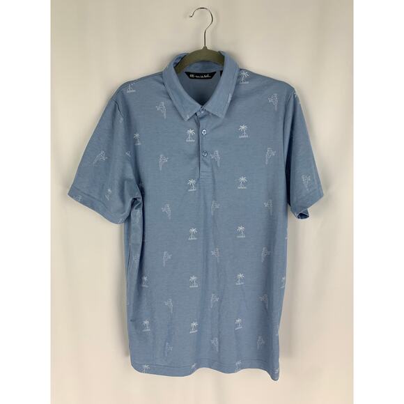 Travis Mathew Parrot & Palm Trees Polo Shirt Mens Medium Blue Golf Short Sleeve - Picture 1 of 7